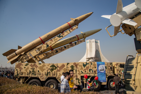Missiles and UAV's are showed for the people on the side of the road in Tehran, Iran, on February 11, 2024. (Photo by Hossein Beris / Middle East Images / Middle East Images via AFP) (Photo by HOSSEIN BERIS/Middle East Images/AFP via Getty Images)