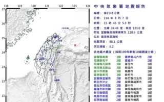 台湾东部海域发生规模6.2地震
