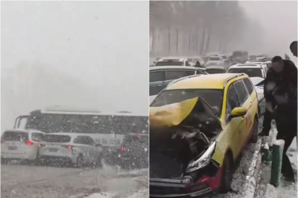 吉林珲乌高速突降暴雪 数十辆车连环相撞