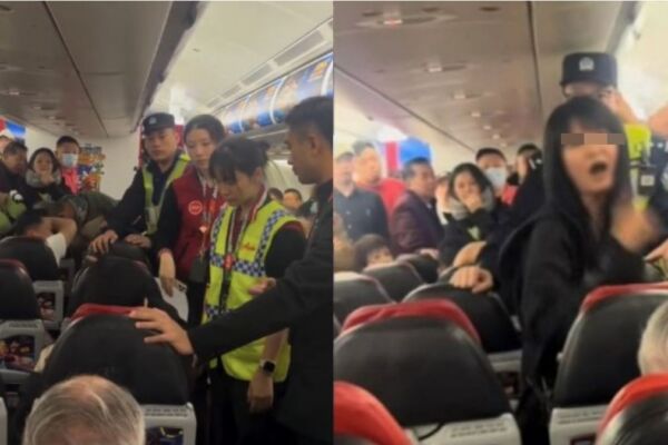 自称南航空姐 中国女子飞机上闹事被带走