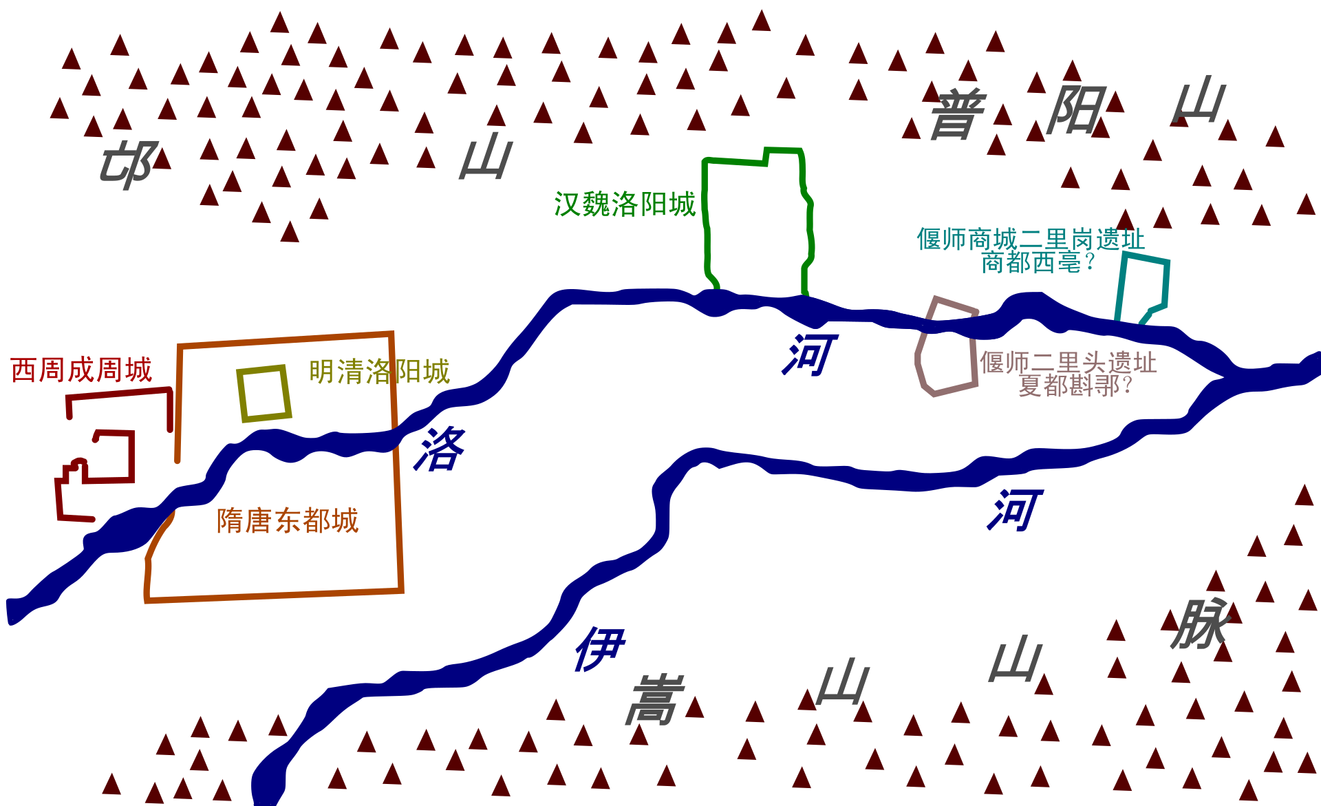 洛阳地区历代都邑分布图。(公有领域)