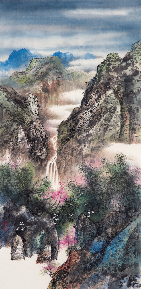 “老惭退马沾刍秣，高喜归鸿脱弋罗。”诗人以“归鸿”自比，欣喜退休的状态如归雁挣脱了捕鸟的罗网。彩墨画《揽胜》（徐明义提供）
