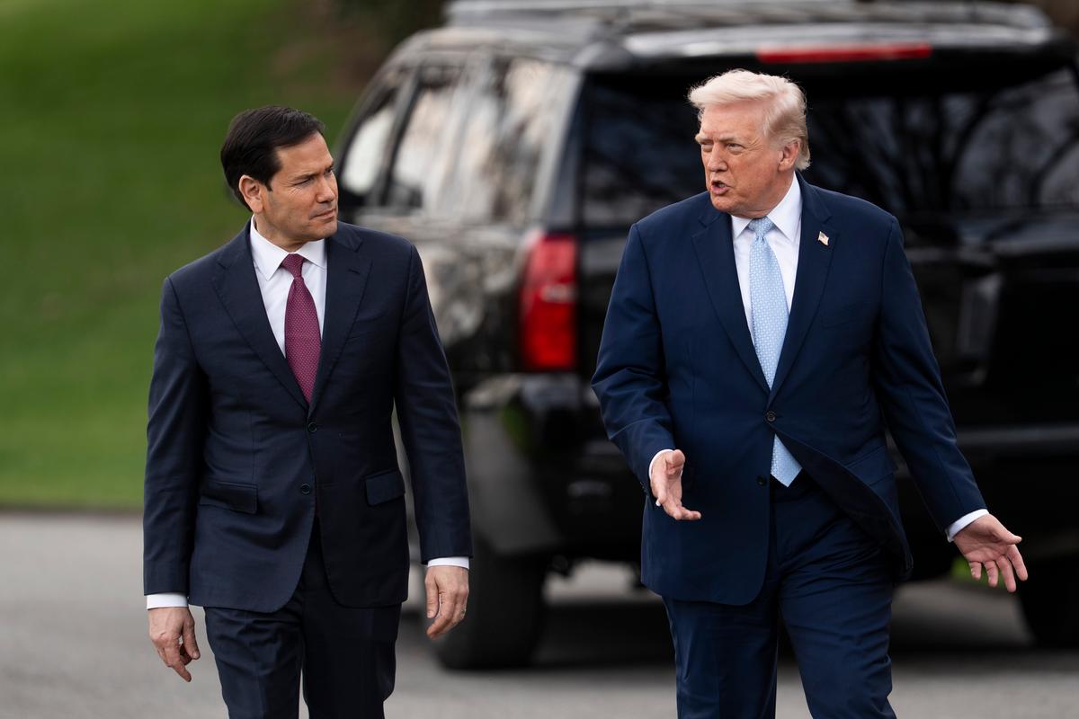 2026年3月20日，美国总统川普和国务卿卢比奥离开白宫前往佛州。(Madalina Kilroy／大纪元驻白宫记者)