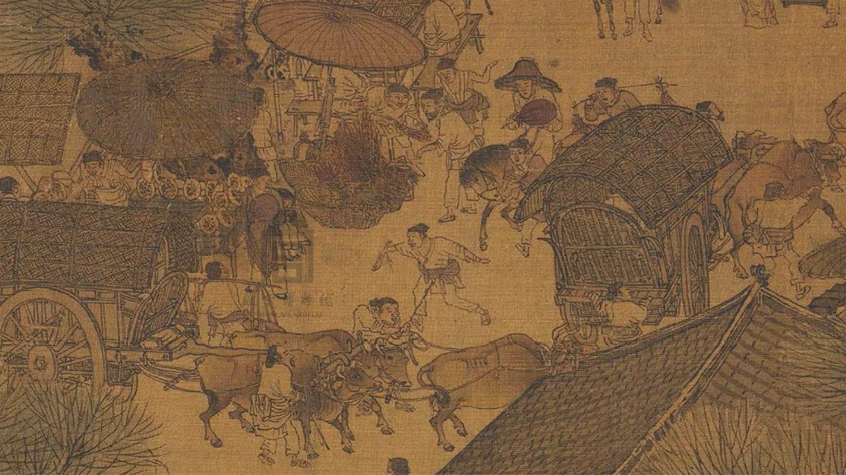 汴京汴河虹桥上，大牛车拉着大量货物过桥。张择端《清明上河图》局部。（公有领域）