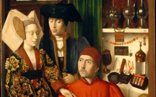 《作坊里的金匠》(A Goldsmith in His Shop)局部,彼得鲁斯‧克里斯蒂(Petrus Christus)1449年作,橡木面板油画,98 cm × 85.2 cm,罗伯特·雷曼收藏馆,1975年,大都会艺术博物馆藏。(公有领域)