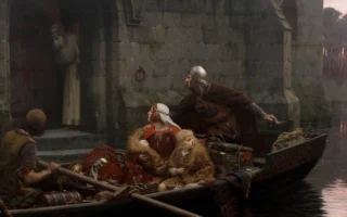 艾德蒙‧雷顿（Edmund Leighton）1897年油画作品《危难时刻》（In Time of Peril）局部，新西兰奥克兰美术馆藏。（公有领域）