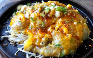 Close Up Oyster Omelette On A Hot Pan