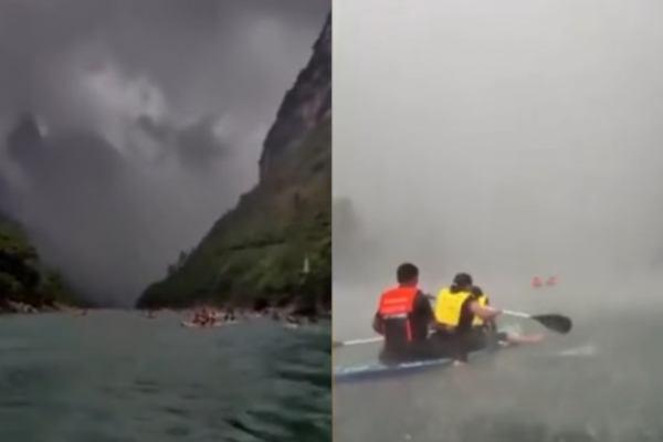 游客广西景区玩桨板漂流突遇暴雨 天空秒变黑