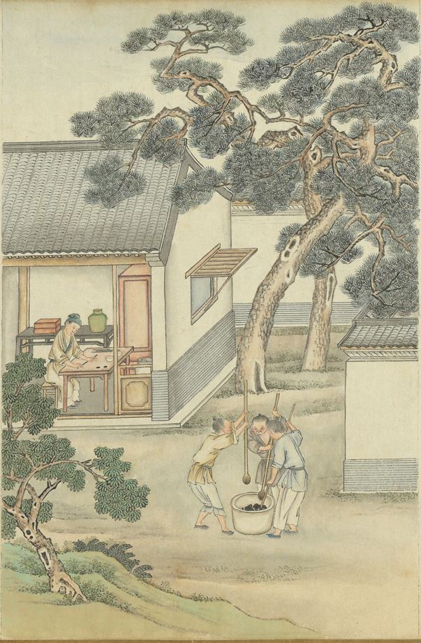 清代徐扬《墨法集要图》:杵捣。(国立故宫博物院提供)