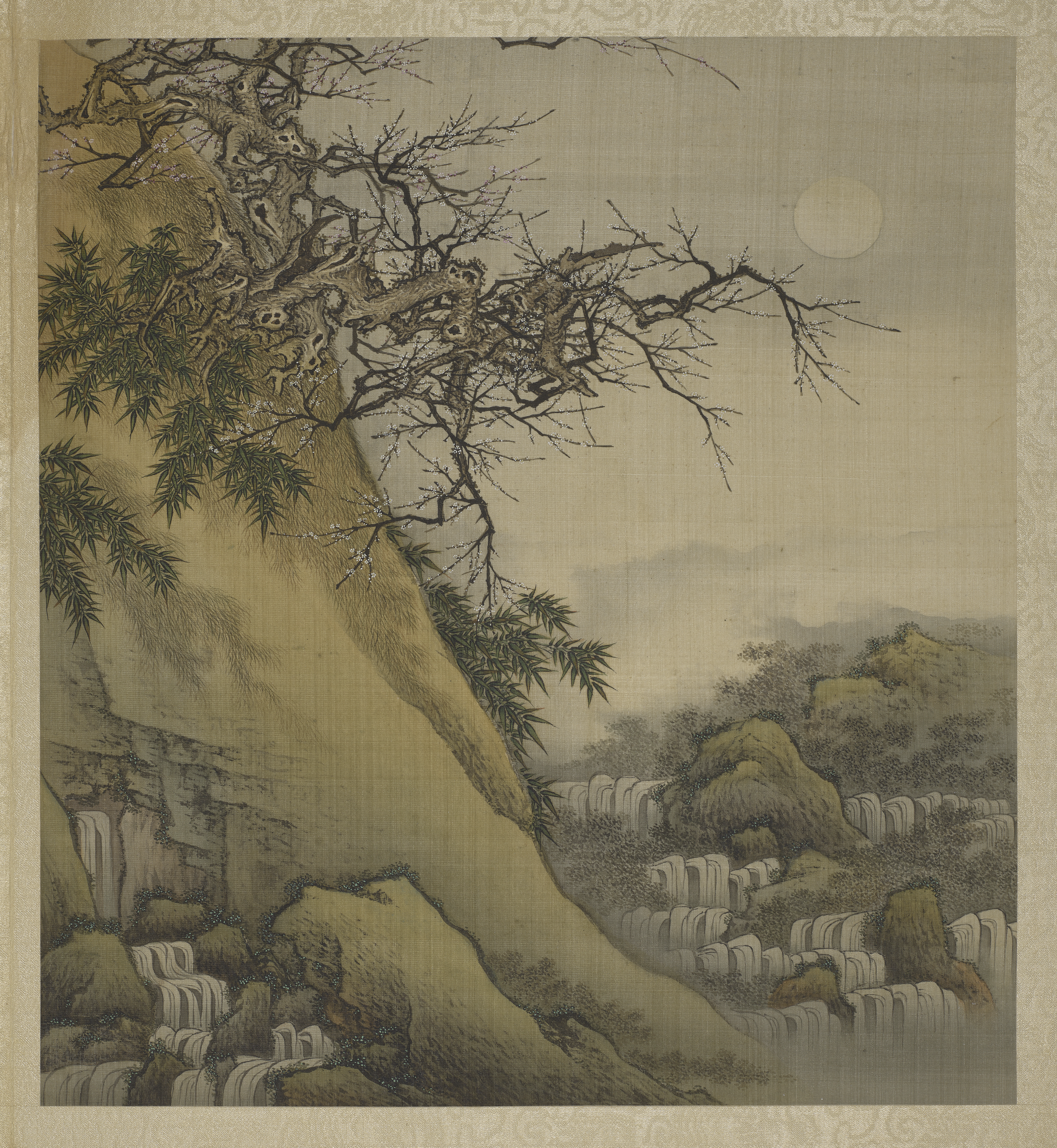 一輪月鏡,乾坤何匠用功磨。清 程志道《眉香萬年冊‧梅月雙清》(國立故宮博物院提供)
