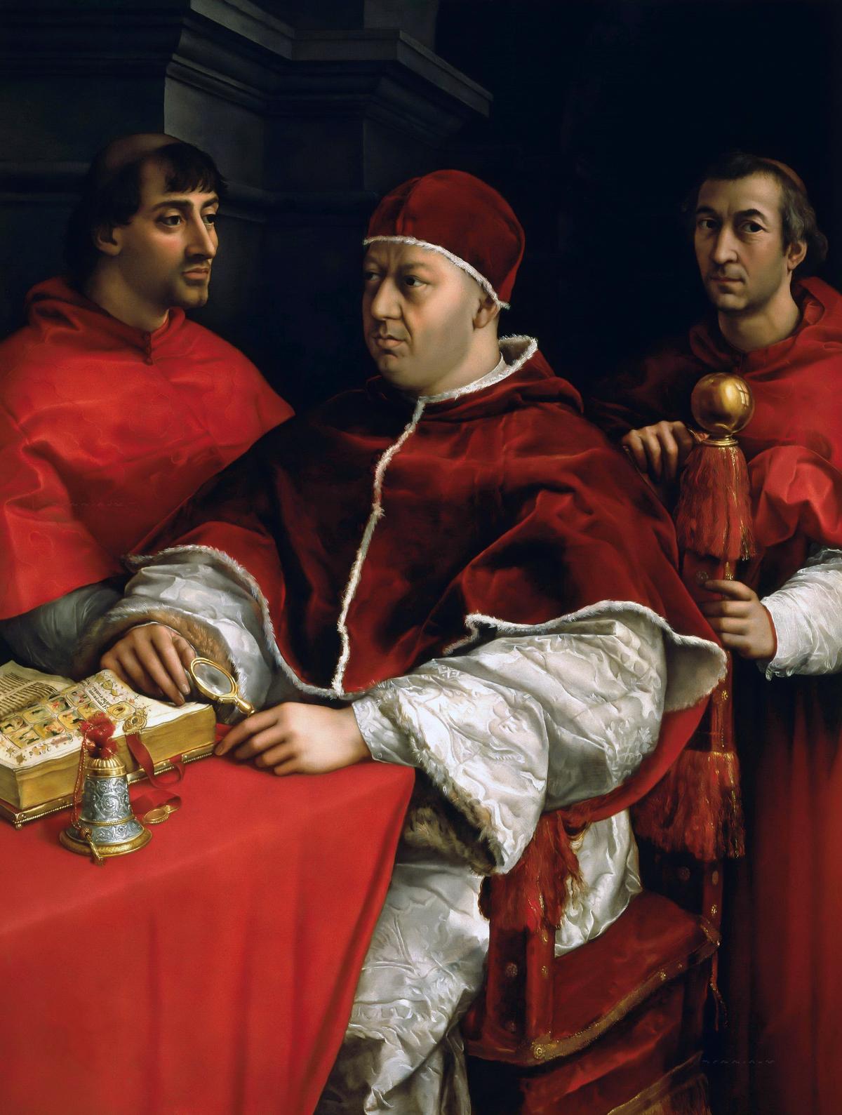 拉斐尔的肖像画作品《良十世与两枢机像》,1518年作,面板油画,155.6×119.4厘米,佛罗伦萨乌菲兹美术馆藏。(公有领域)