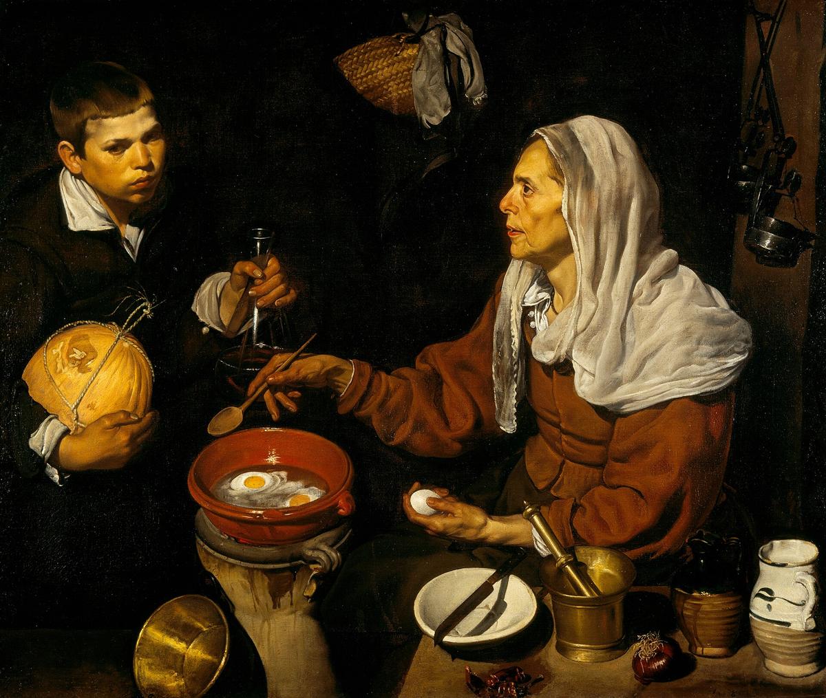 迭戈‧委拉斯开兹,《煎蛋的老妇》(An Old Woman Cooking Eggs),1618年作,布面油画,100.5×119.5厘米,爱丁堡苏格兰国家美术馆藏。(公有领域)