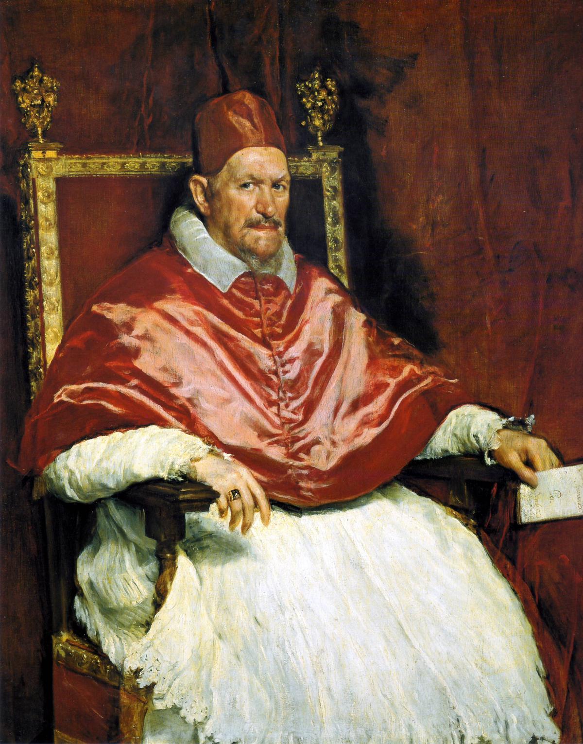迭戈‧委拉斯开兹，《教宗英诺森十世肖像》（Portrait of Innocent X），作于1649至1650年间，布面油画，141×119厘米，罗马多利亚潘菲利画廊藏。（公有领域）