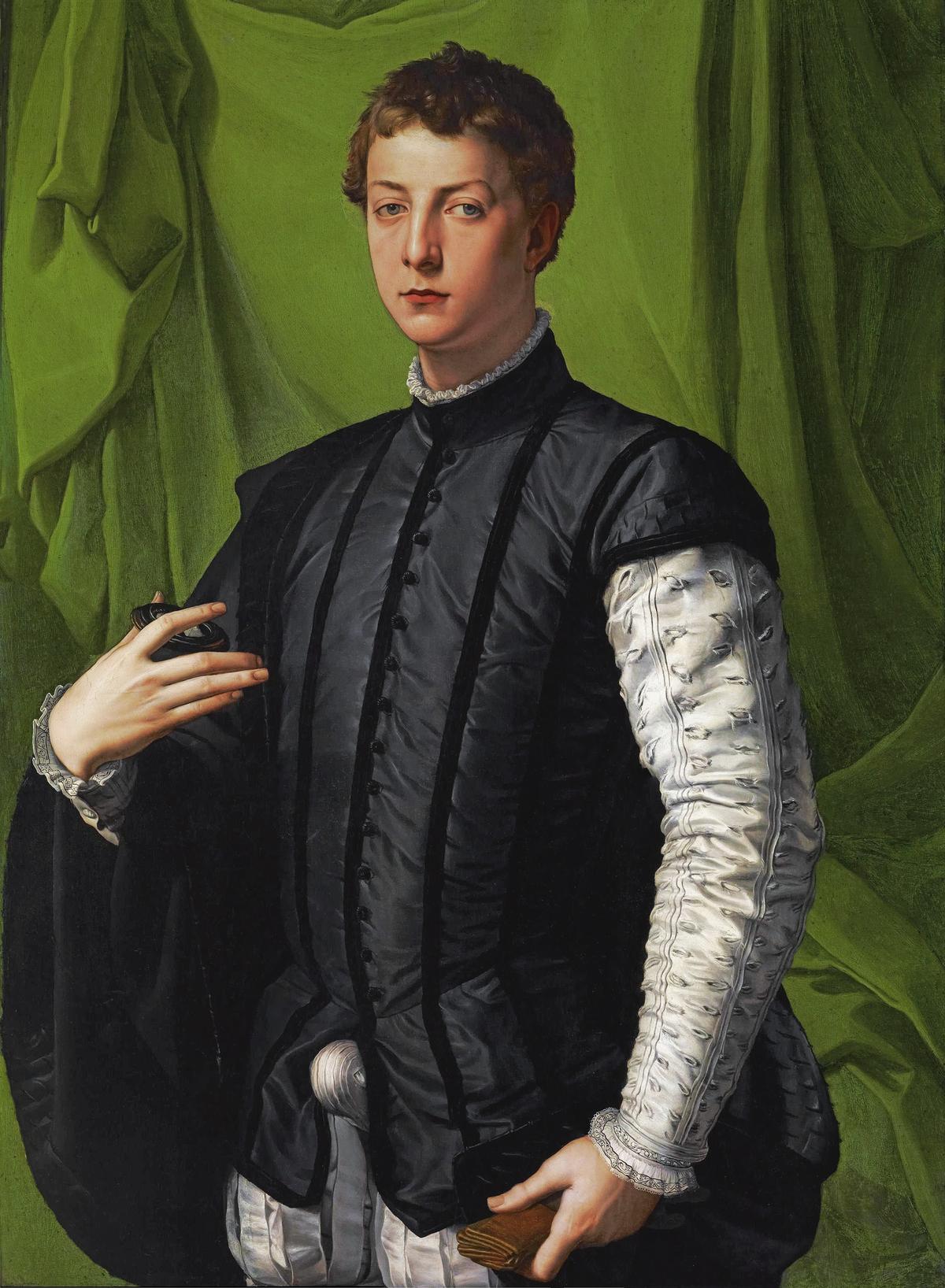布隆齐诺绘制的洛多维科‧卡波尼肖像(Portrait of Lodovico Capponi),1550—1555年作,面板油画,116.5×85.7厘米,纽约市弗里克收藏馆藏。(公有领域)