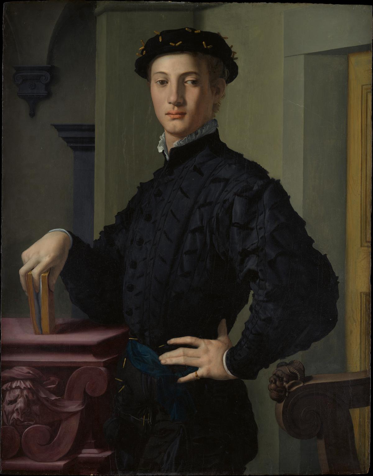 布隆齐诺的作品《青年肖像》(Portrait of a Young Man),1530年代作,面板油画,95.6×74.9厘米,纽约大都会艺术博物馆藏。(公有领域)